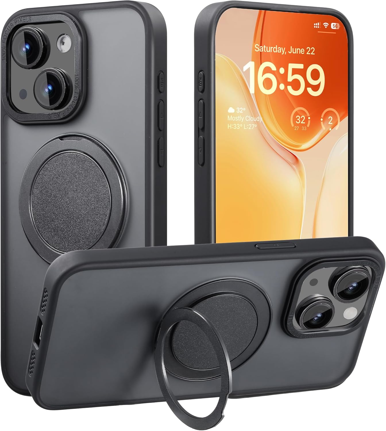iPhone14/13 マグネット対応耐衝撃ケース ブラック・スタンド付き