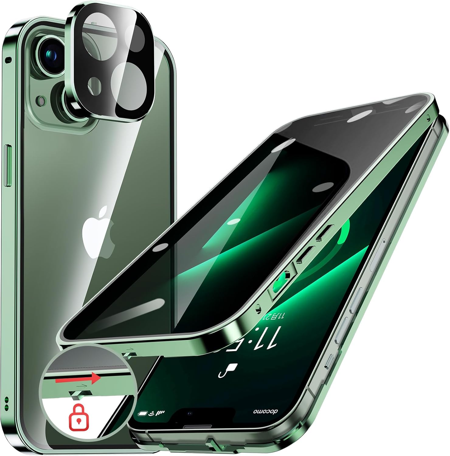iPhone13用 自動ポップアップロック付きケース 軽量 耐衝撃 アルミバンパー メタルフレーム ワイヤレス充電対応 背面クリア 6.1インチ（アルパイングリーン）