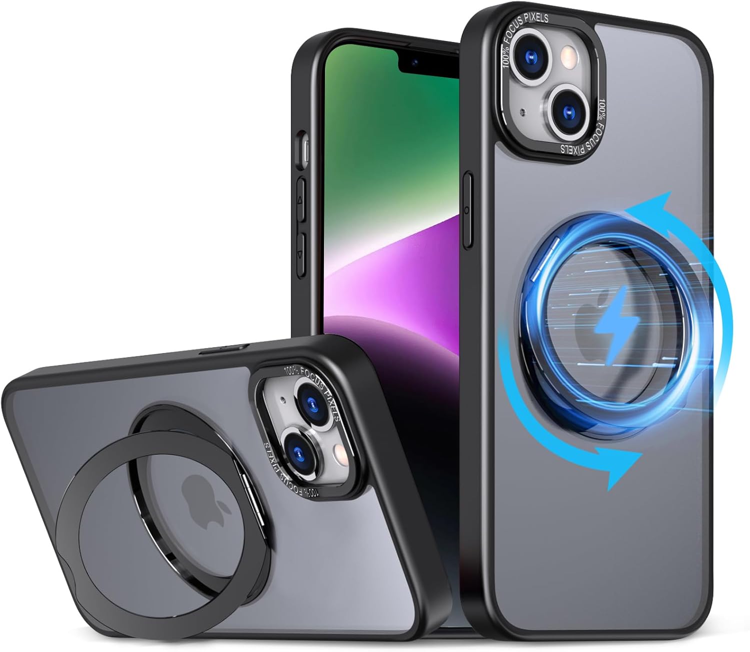 iPhone 14/13 用耐衝撃ケース マグネット搭載 360°回転スタンド ブラック