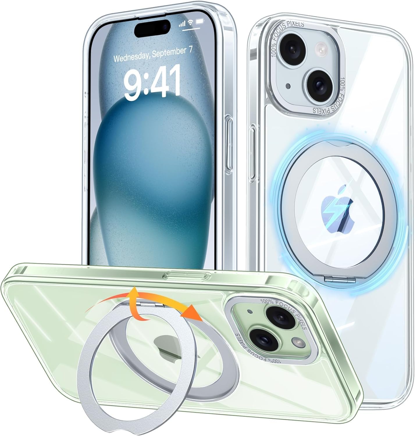 iPhone 14/13用 マグセーフ対応 半透明マットケース 耐衝撃 360°回転スタンド