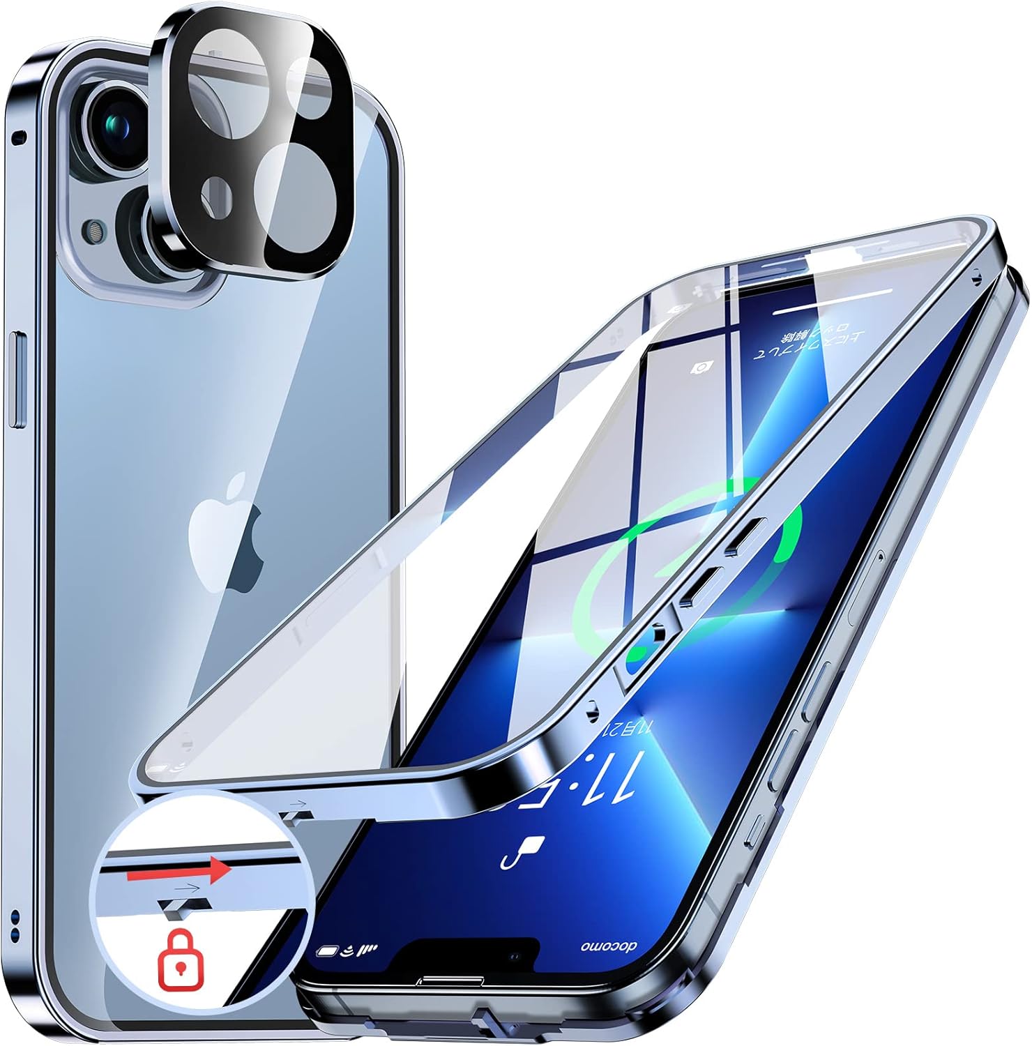 iPhone13用 両面強化ガラスケース・自動ポップアップボタン付き【薄型・軽量・耐衝撃】（シエラブルー）