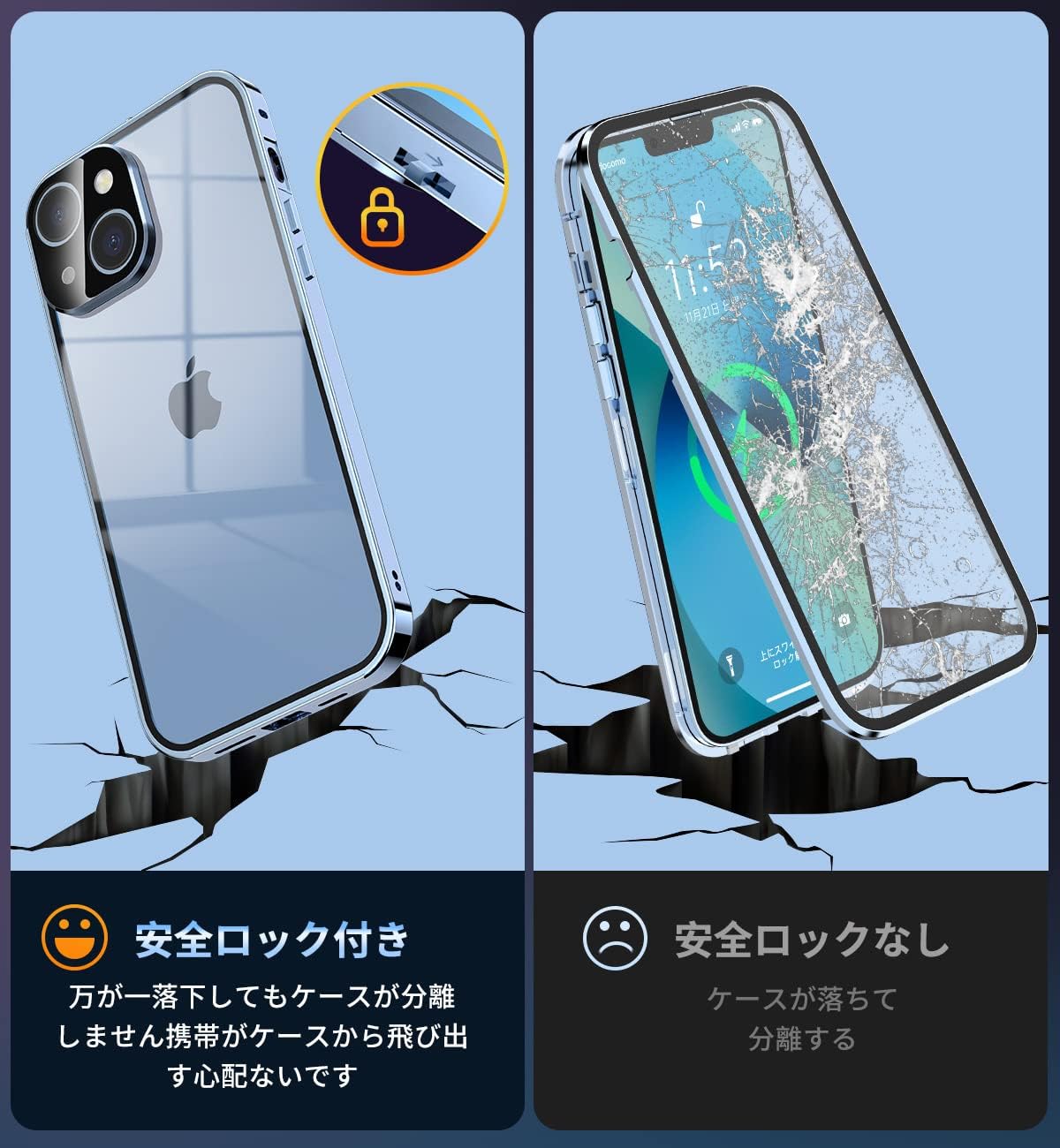 iPhone13用 両面強化ガラスケース・自動ポップアップボタン付き【薄型・軽量・耐衝撃】（シエラブルー）