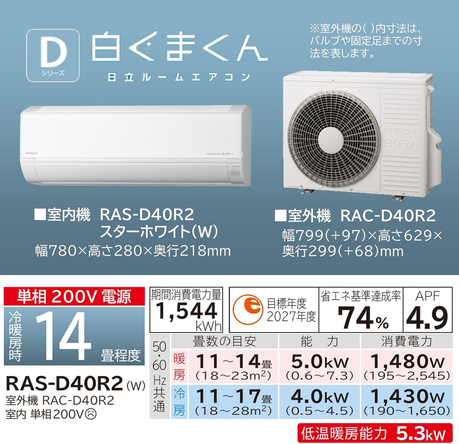 日立 清潔エアコン 14畳用 4.0kW 室内外機セット ホワイト