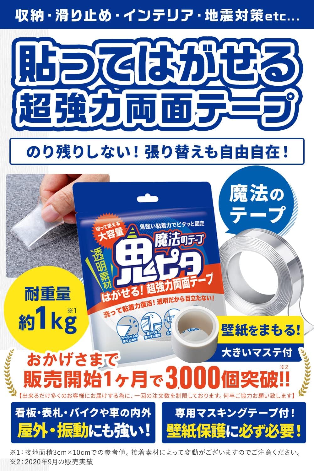 はがせる超強力両面テープ 鬼ピタ 3M壁紙対応 マステ付 保管袋付