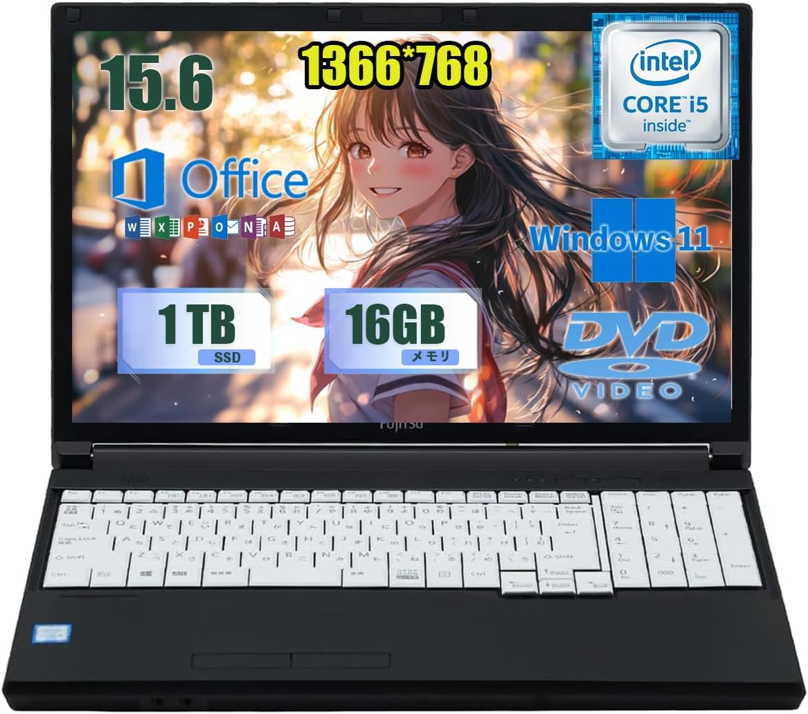 中古ノートパソコン 富士通 LIFEBOOK A746 15.6インチ インテル Core i5 6300U メモリ16GB SSD1000GB Windows11 Pro・Office2019搭載 テンキー付き日本語キーボード