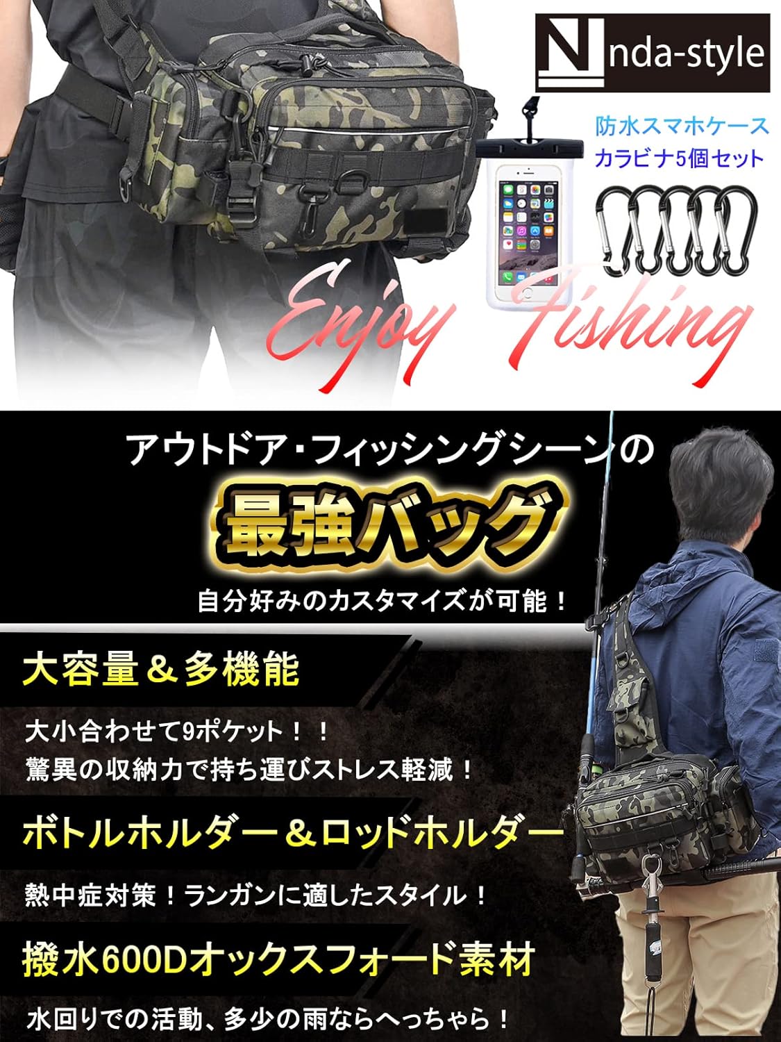多機能防水フィッシングショルダーバッグ 大容量タックルバッグ カラビナ5個付き