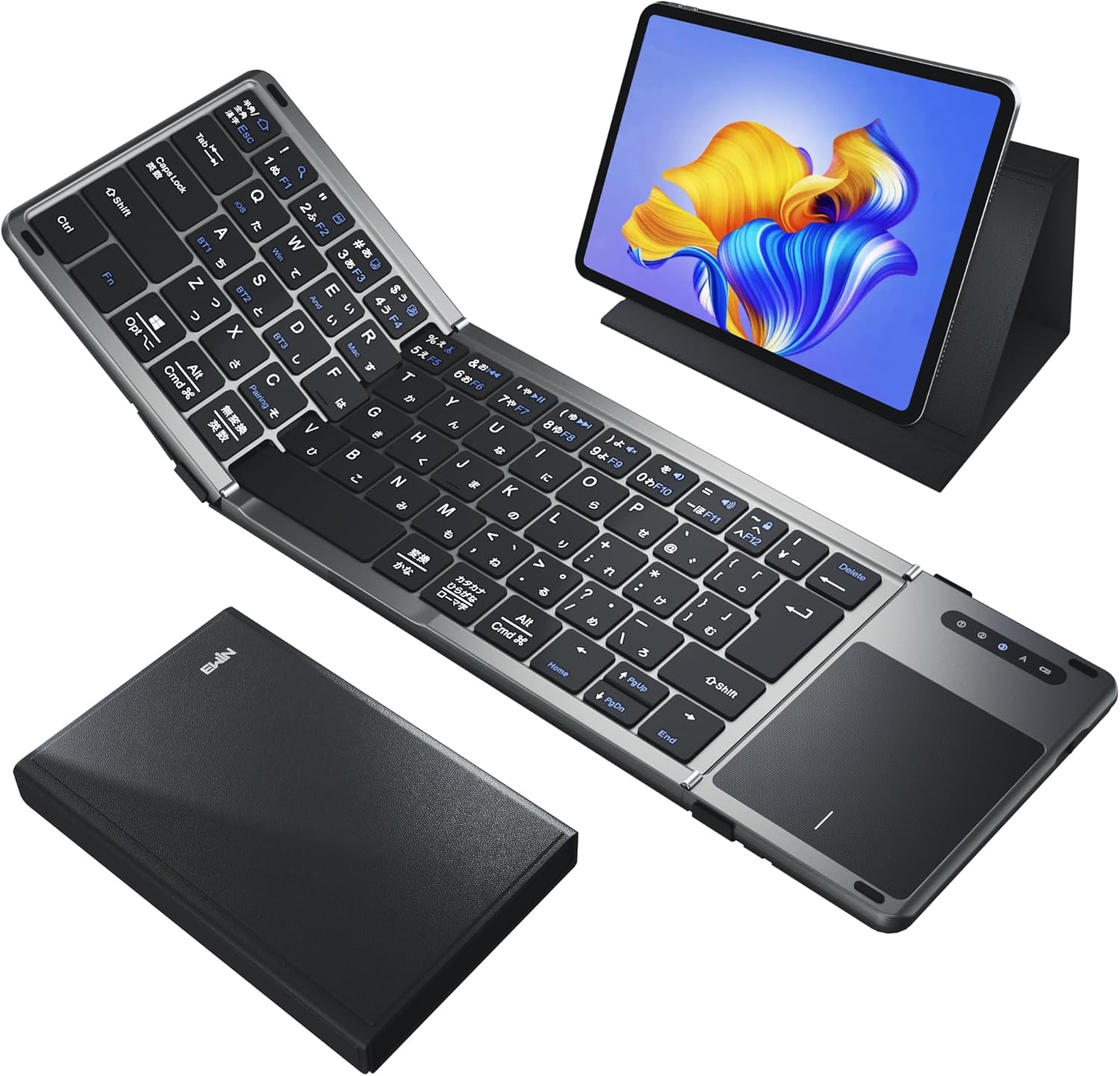 Bluetoothワイヤレス折りたたみキーボード タッチパッド付き iPad/スマホ/タブレット/PC対応 日本語配列 多機能カバースタンド付き
