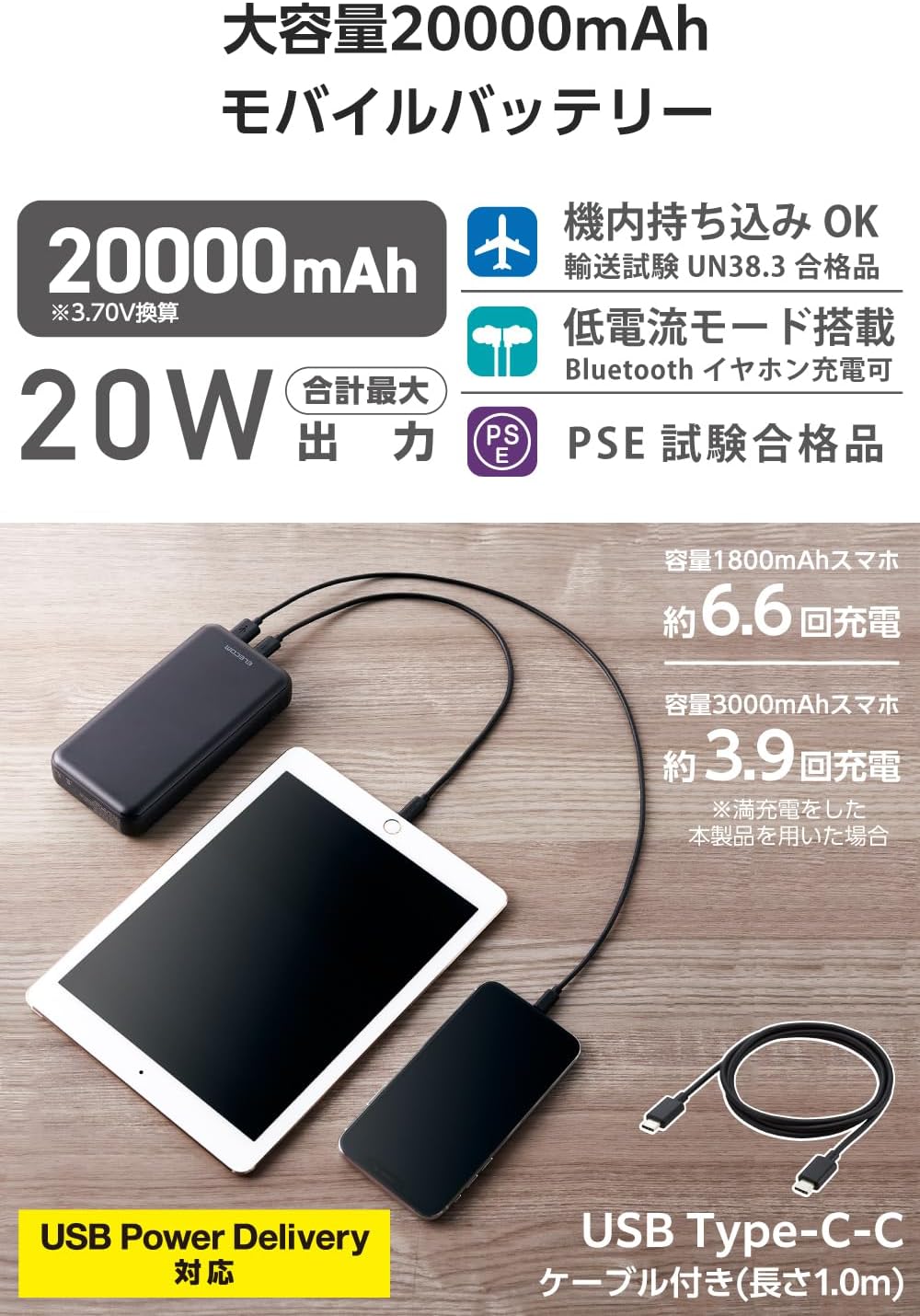 大容量20000mAh モバイルバッテリー USB-C・USB-A対応 ブラック