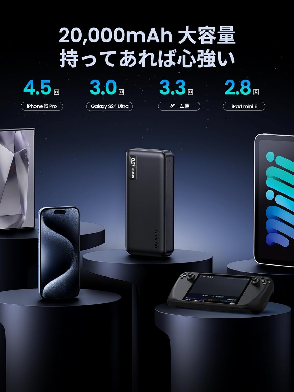 大容量20000mAhモバイルバッテリー - 3台同時充電対応・急速充電・LCD残量表示・コンパクト
