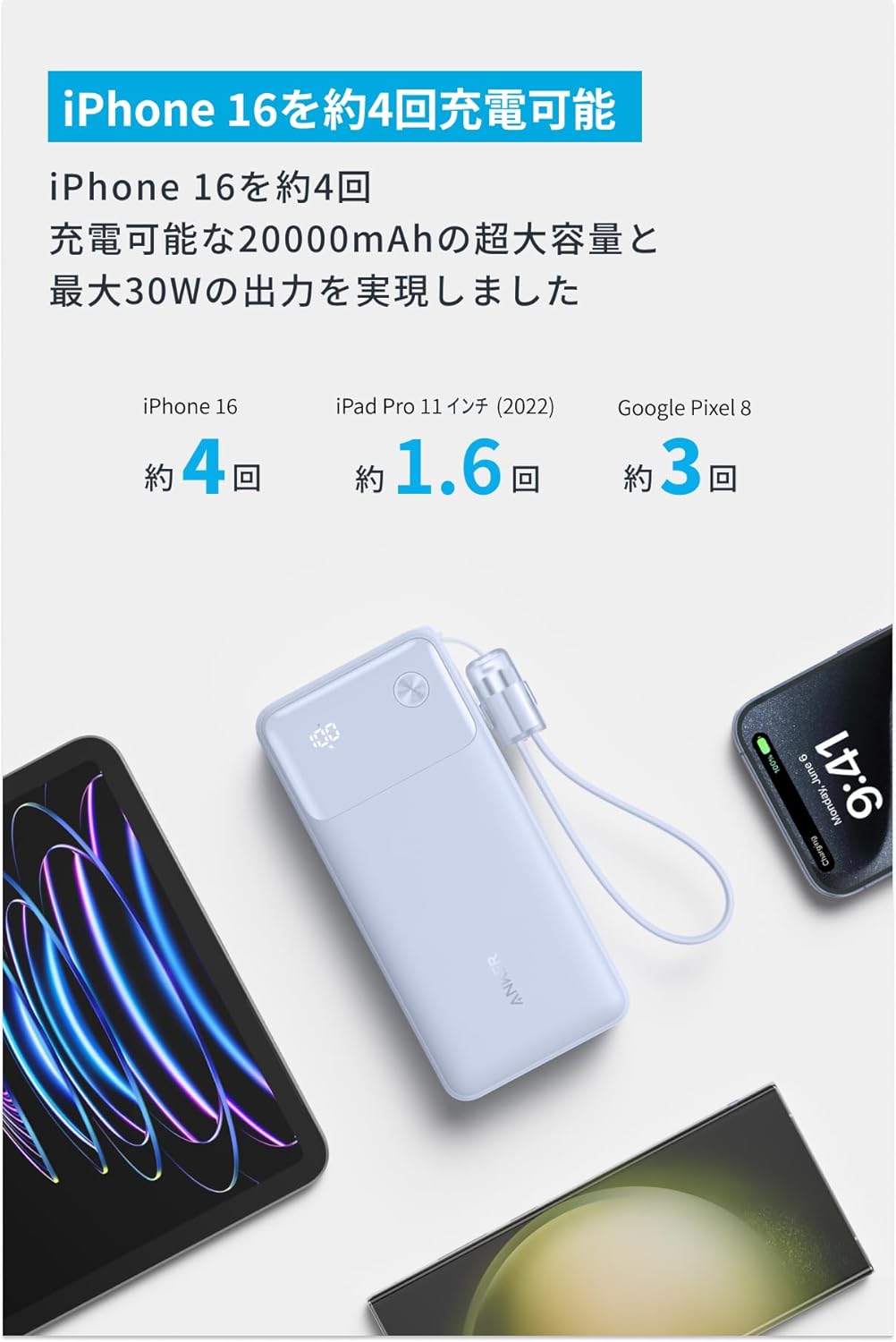 モバイルバッテリー 20000mAh 最大30W出力 PD対応 USB-C & USB-Cケーブル付属【iPhone/Android/iPad対応】パープル
