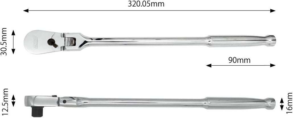 ロング首振りラチェットハンドルソケットレンチ 9.5mm 90枚ギア 12インチ