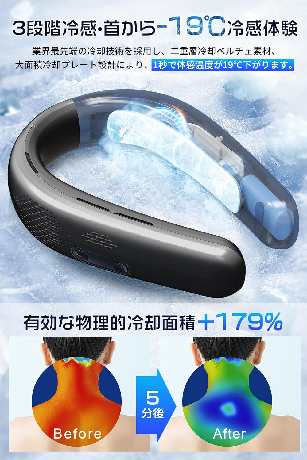 夏冷却ネックファン -19℃瞬間冷却・3段階風力調節・軽量静音タイプ（ダックグレー）