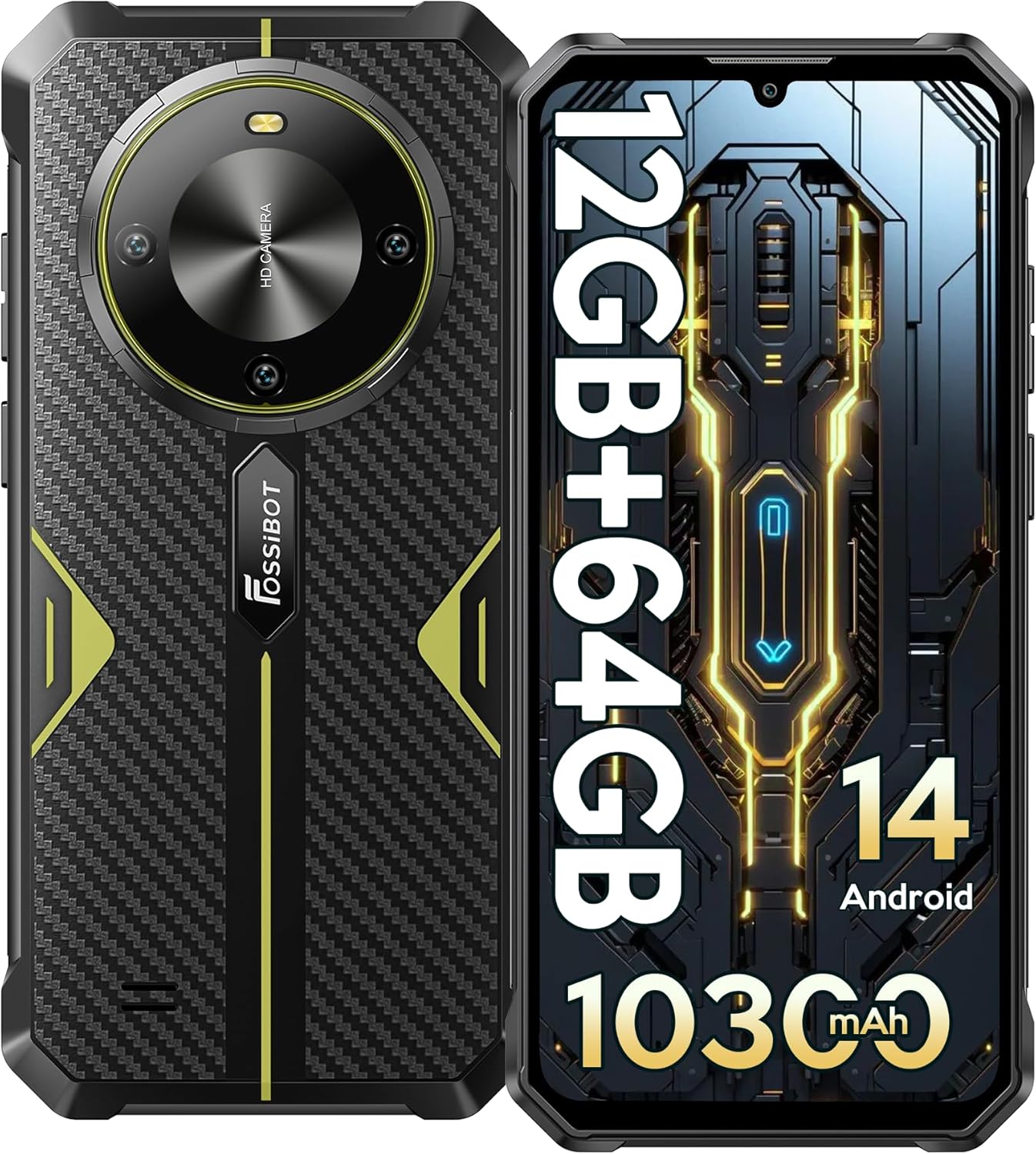 タフネススマホ FOSSiBOT F105 SIMフリー 12GB+64GB 大容量バッテリー 10300mAh IP68防水防塵 20MPカメラ Android 14対応