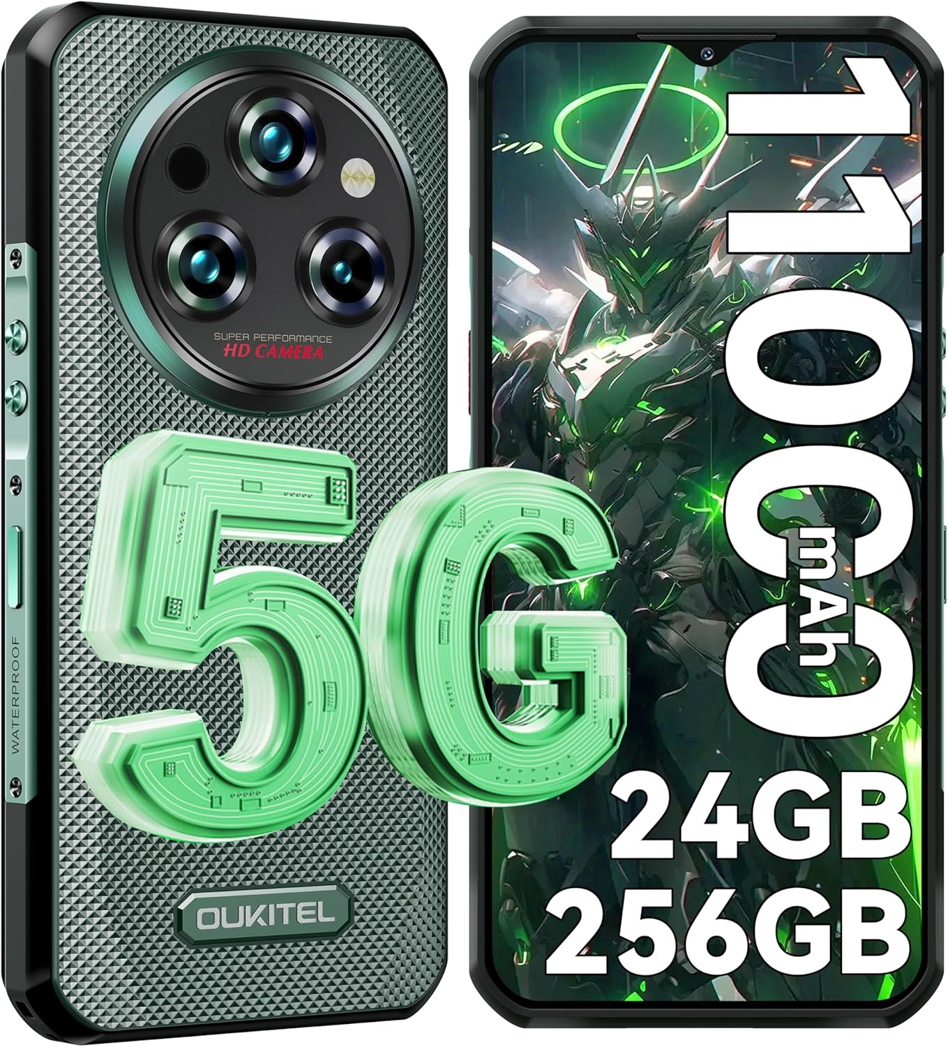OUKITEL WP35 Pro 5Gタフネススマホ 12GB RAM・512GB ROM・11000mAhバッテリー・防災対応・グリーン