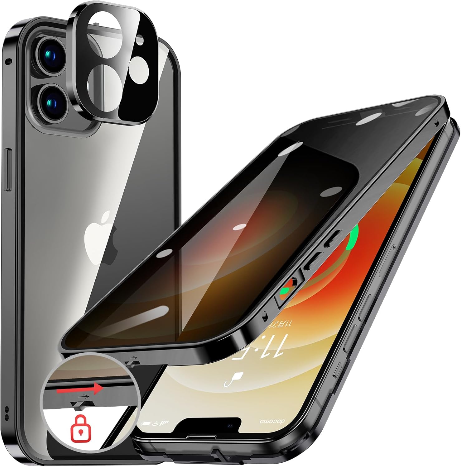iPhone12用 自動ポップアップボタン付きケース【ロック機能・ストラップホール】両面9H強化ガラス・アルミバンパー・薄型・軽量・ワイヤレス充電対応(ブラック)