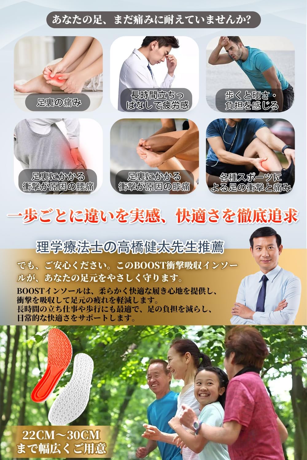 長時間歩行向けクッション性インソール 男女兼用 軽量 通気性 汗吸収・蒸れ防止