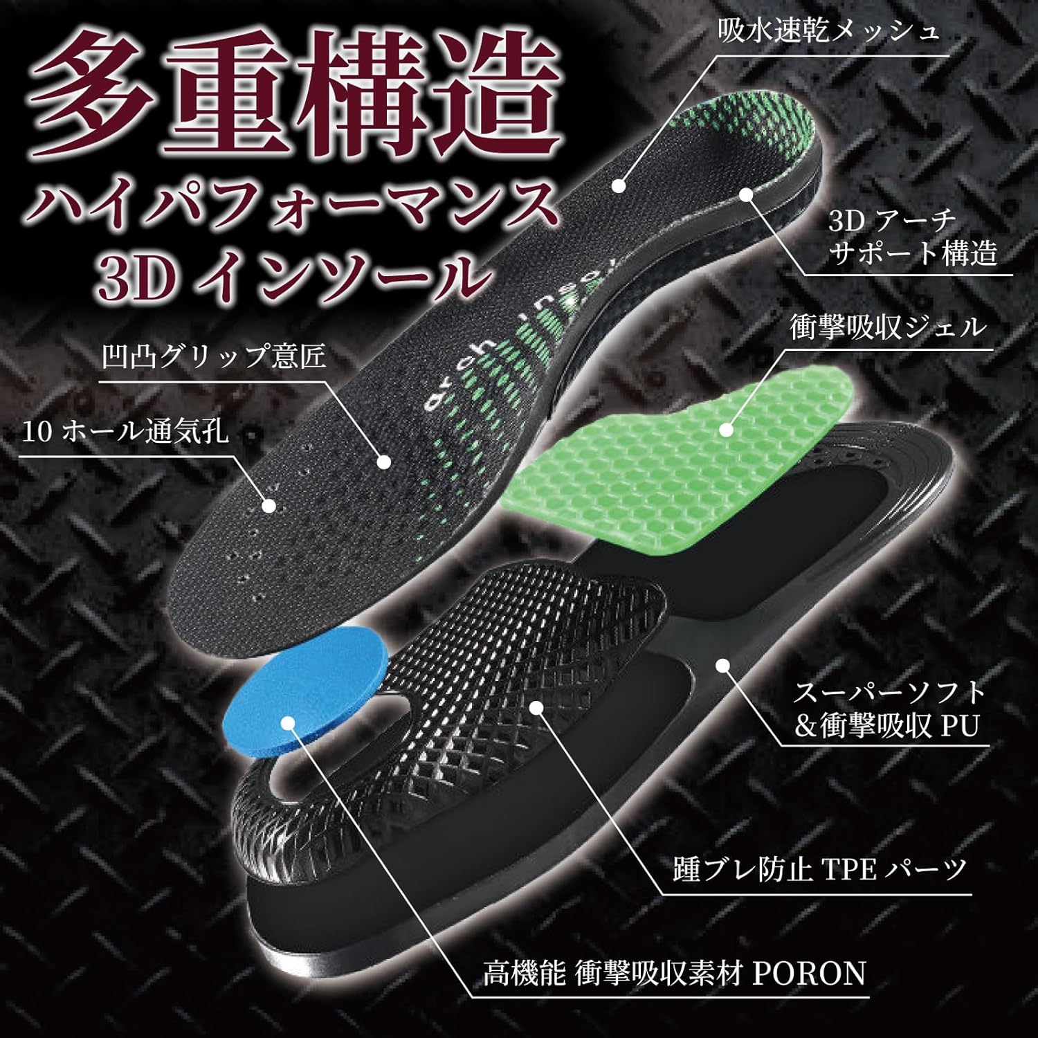 安全靴用衝撃吸収インソール（男性用、ブラック、Lサイズ）