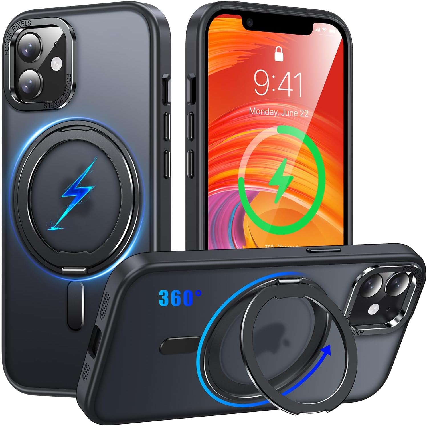 iPhone 12/12 Pro対応 Magsafe ワイヤレス充電スマホケース 360°回転スタンド 半透明 ブラック