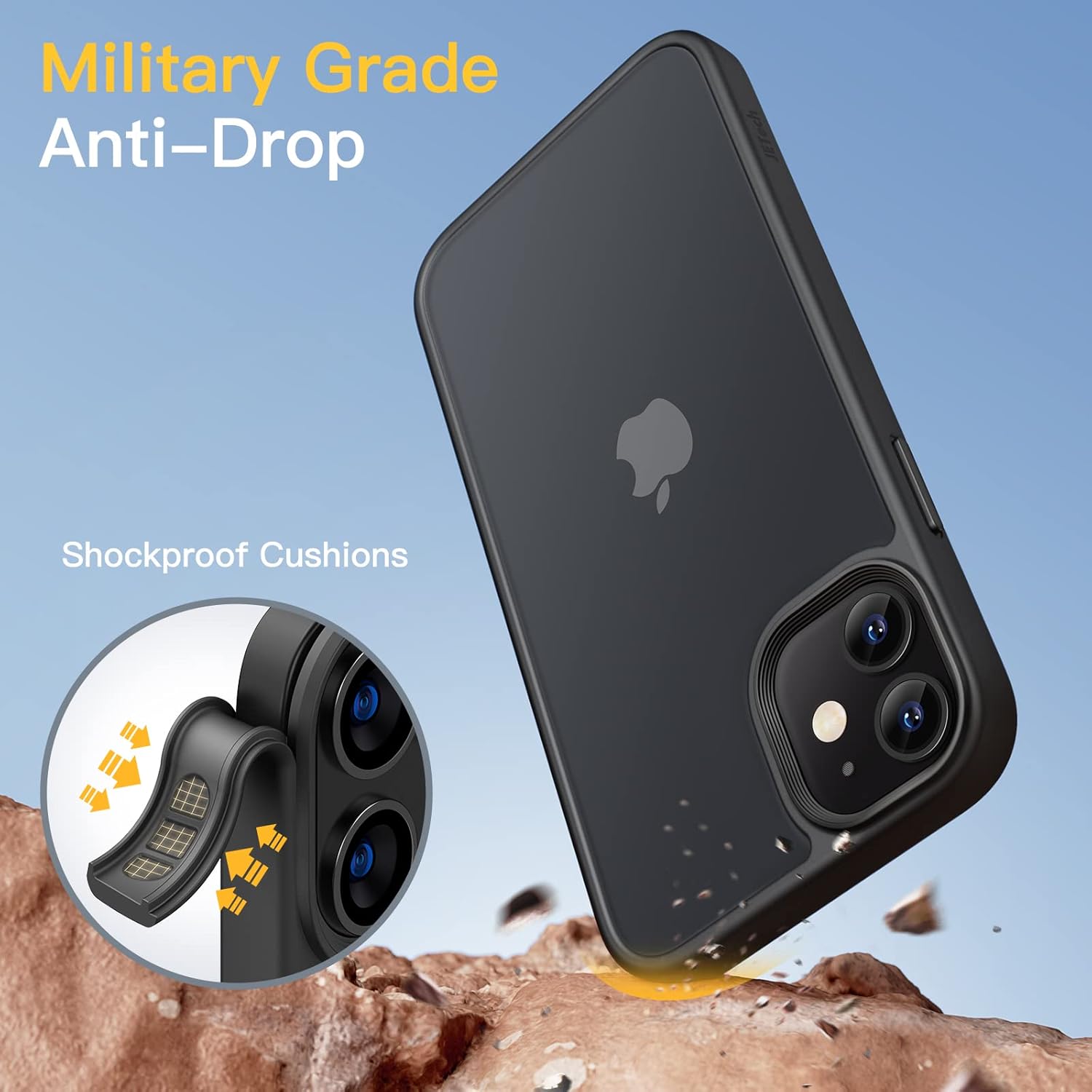 iPhone 12/12 Pro 用 ミリタリーグレード耐衝撃マットケース(ブラック)