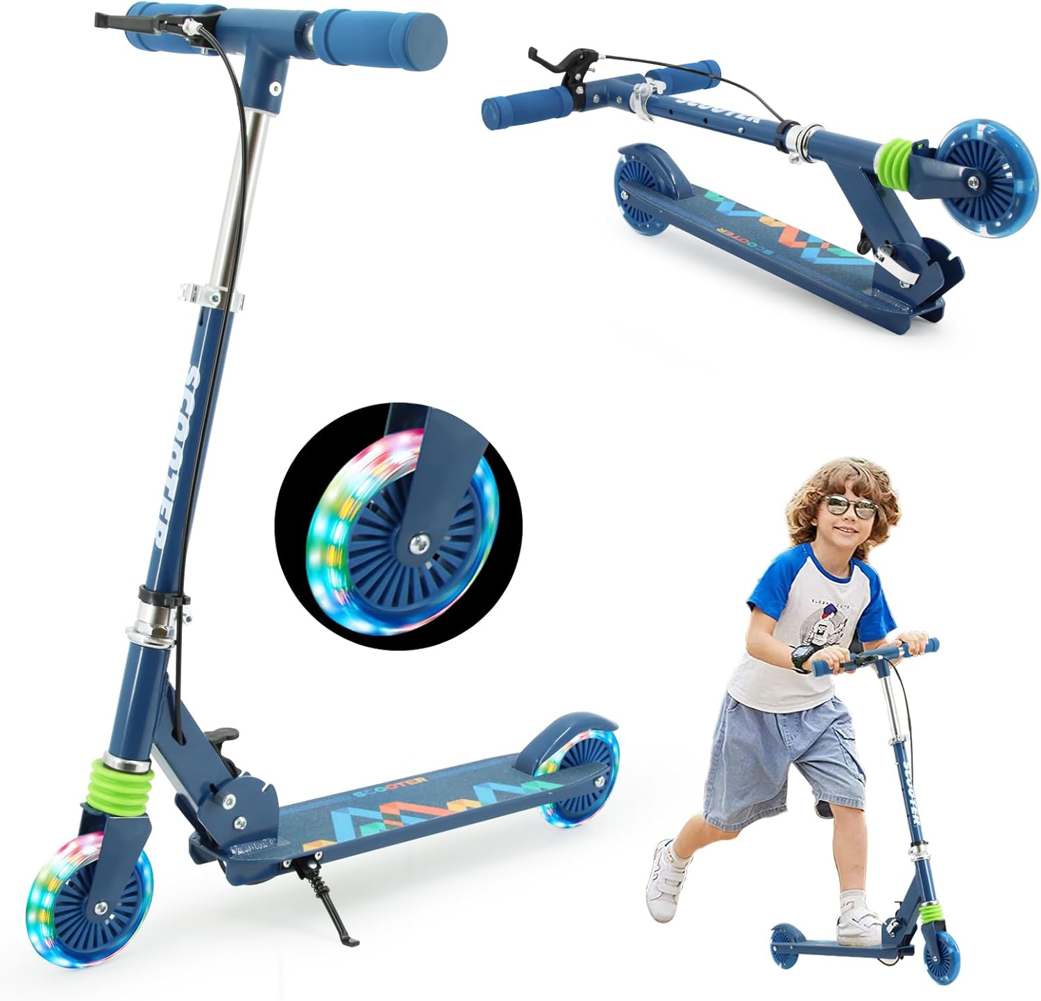 キッズ用折り畳み式キックボード LEDタイヤ耐荷重50kg 3~12歳向け