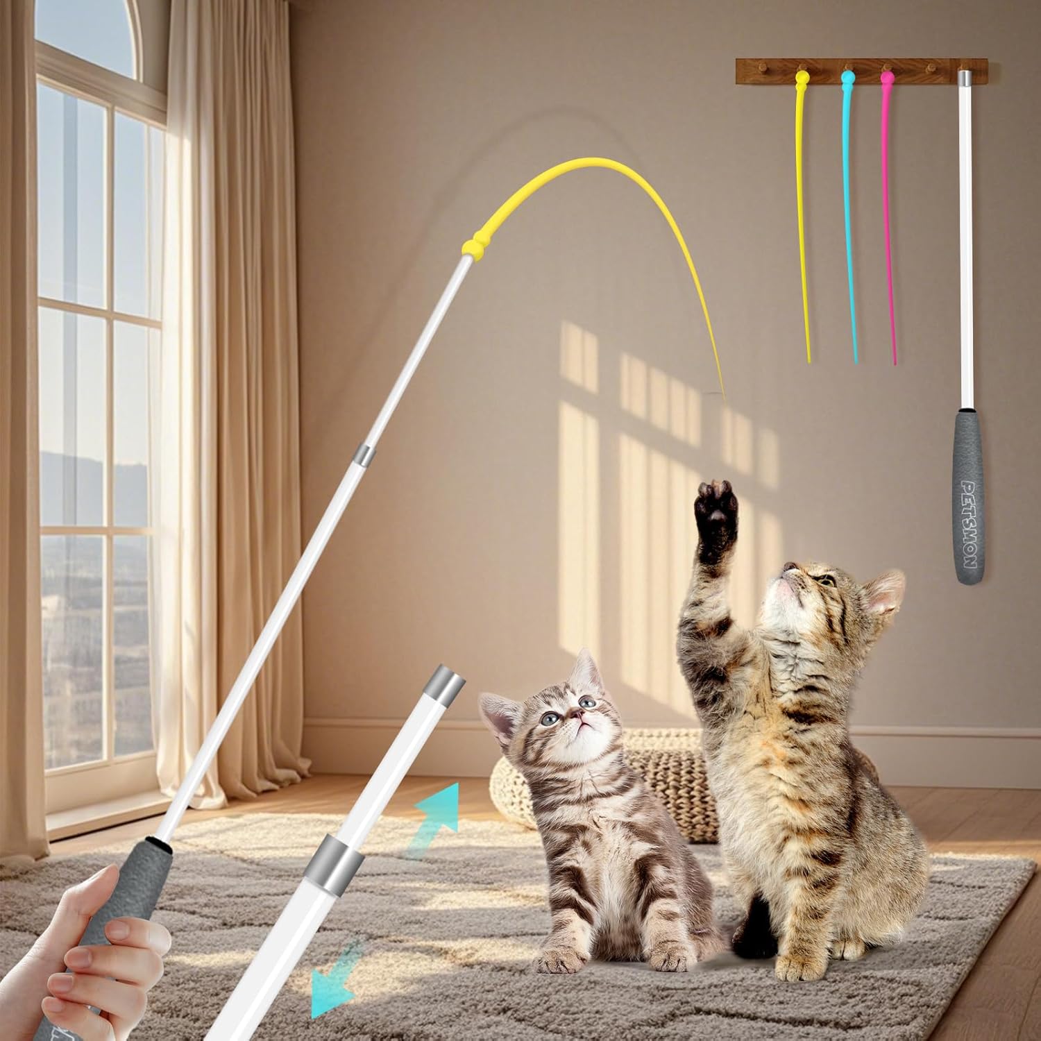 猫じゃらし おもちゃ 伸縮釣り竿 ネズミのしっぽ型 超軽量シリコン製 3色セット