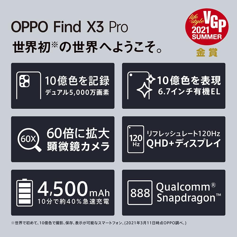 OPPO Find X3 Pro 5G SIMフリー ホワイト 高性能カメラ 急速充電 大容量バッテリー 防水防塵(IP68)