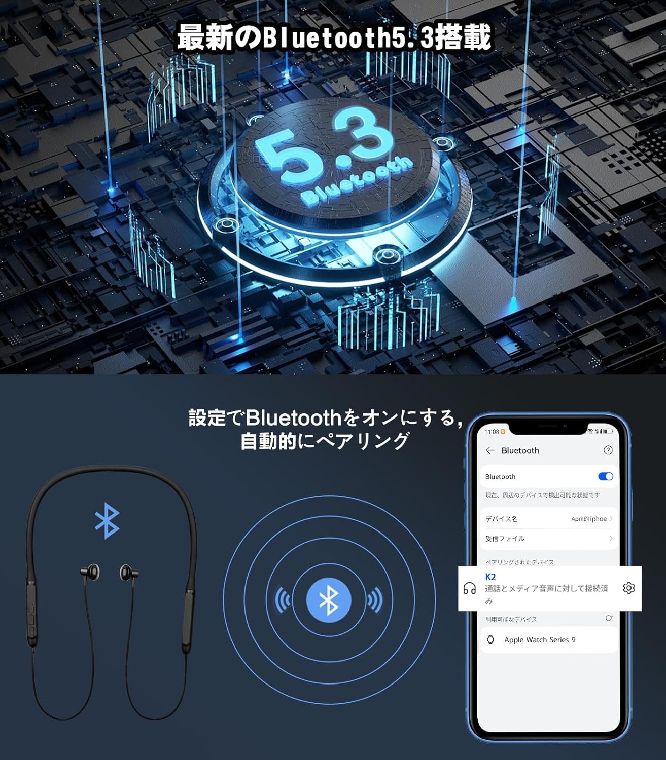 Bluetooth 5.3 ノイズキャンセリング ネックバンド型イヤホン ハンズフリー通話 ブラック