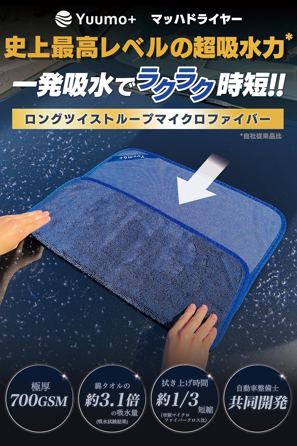 洗車タオル マイクロファイバー 大判プロ仕様 700GSM 超吸水 2枚セット(青+紫)