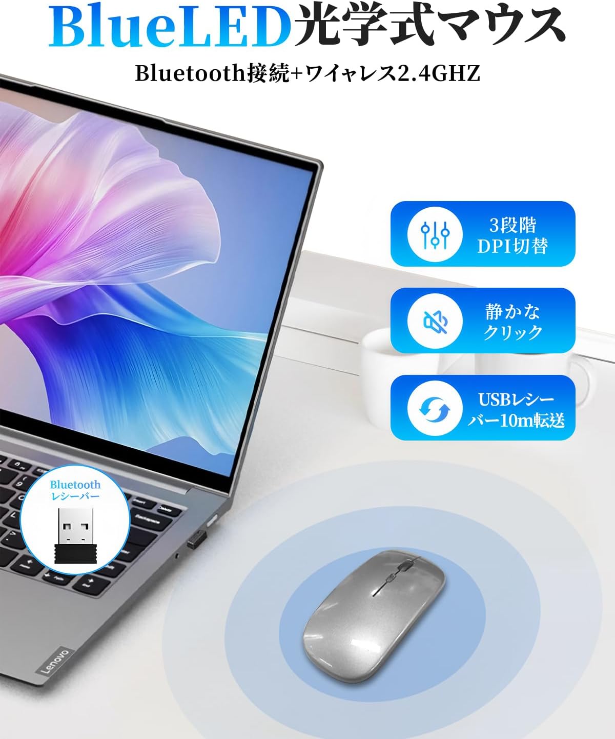 2025年モデル 無線静音ワイヤレスマウス Type-C充電式 省エネ 7色ライト付き 軽量 小型 光学式