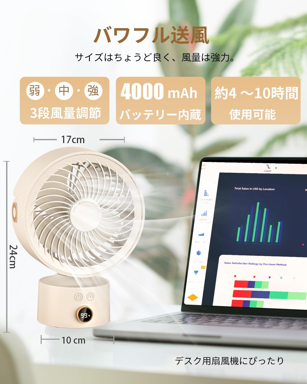 コードレス充電式サーキュレーター 卓上扇風機 強風 DCモーター タイマー機能付き【節電対策】