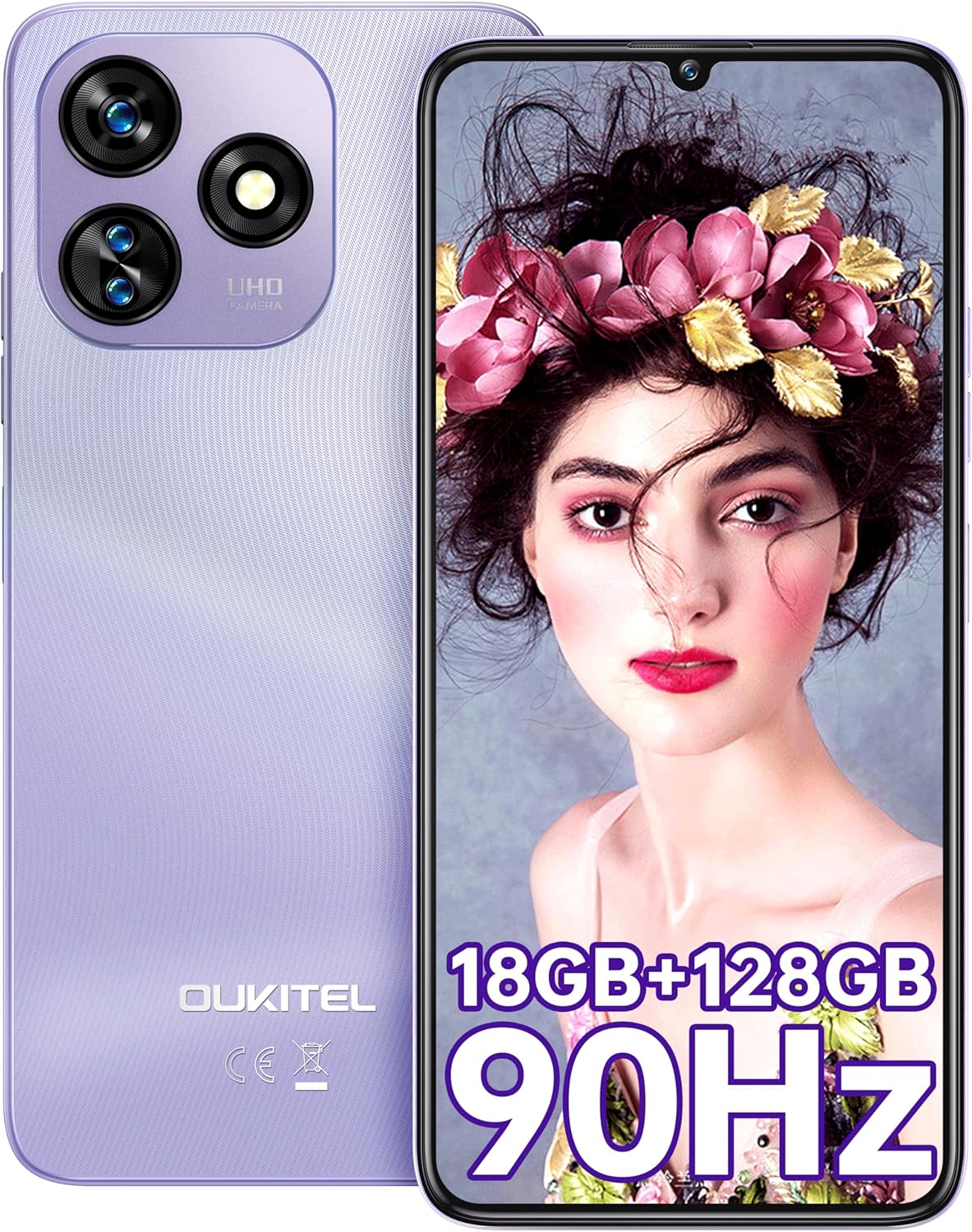 OUKITEL C51 SIMフリースマートフォン 18GB RAM/128GB ROM・1TB拡張可能・6.8インチ・90Hz・5150mAhバッテリー・紫