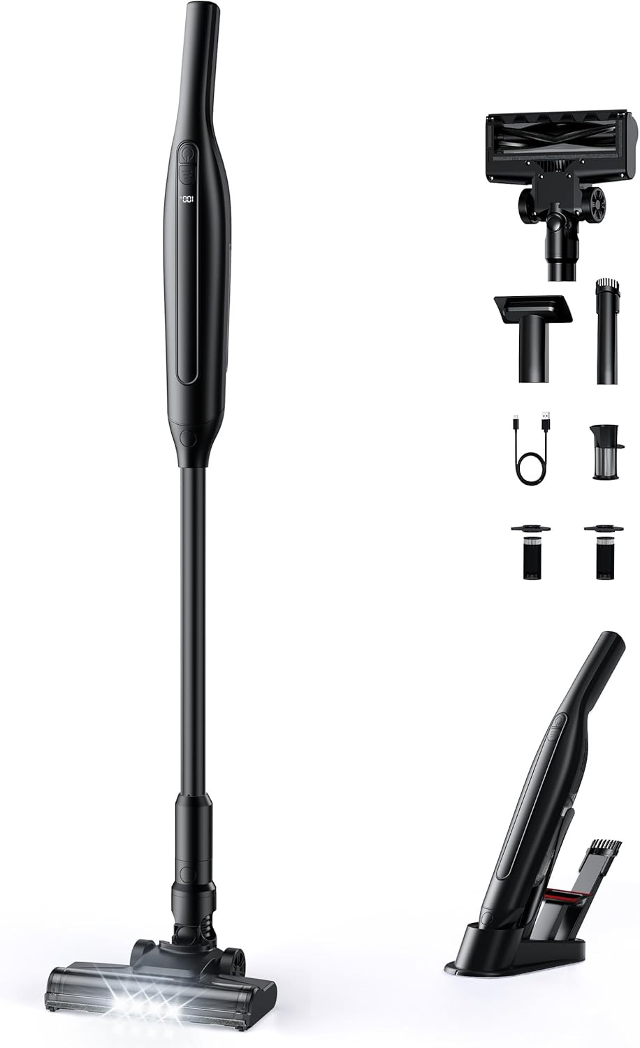 軽量コードレス掃除機 38KPa強力吸引 自立式 Type-C充電 LEDライト 50分連続稼働 HEPAフィルター対応 V字型自走式ブラシ 3年保証 ブラック