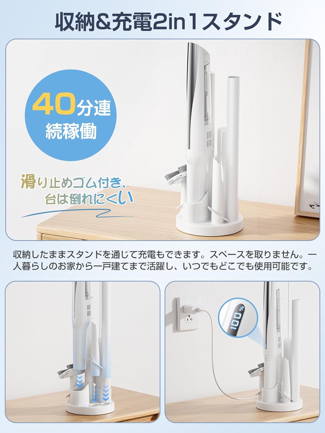 コードレス掃除機【スタンド付き】超軽量0.5kg・28Kpa強力吸引・最大40分稼働・USB Type-C充電・LED液晶ディスプレイ