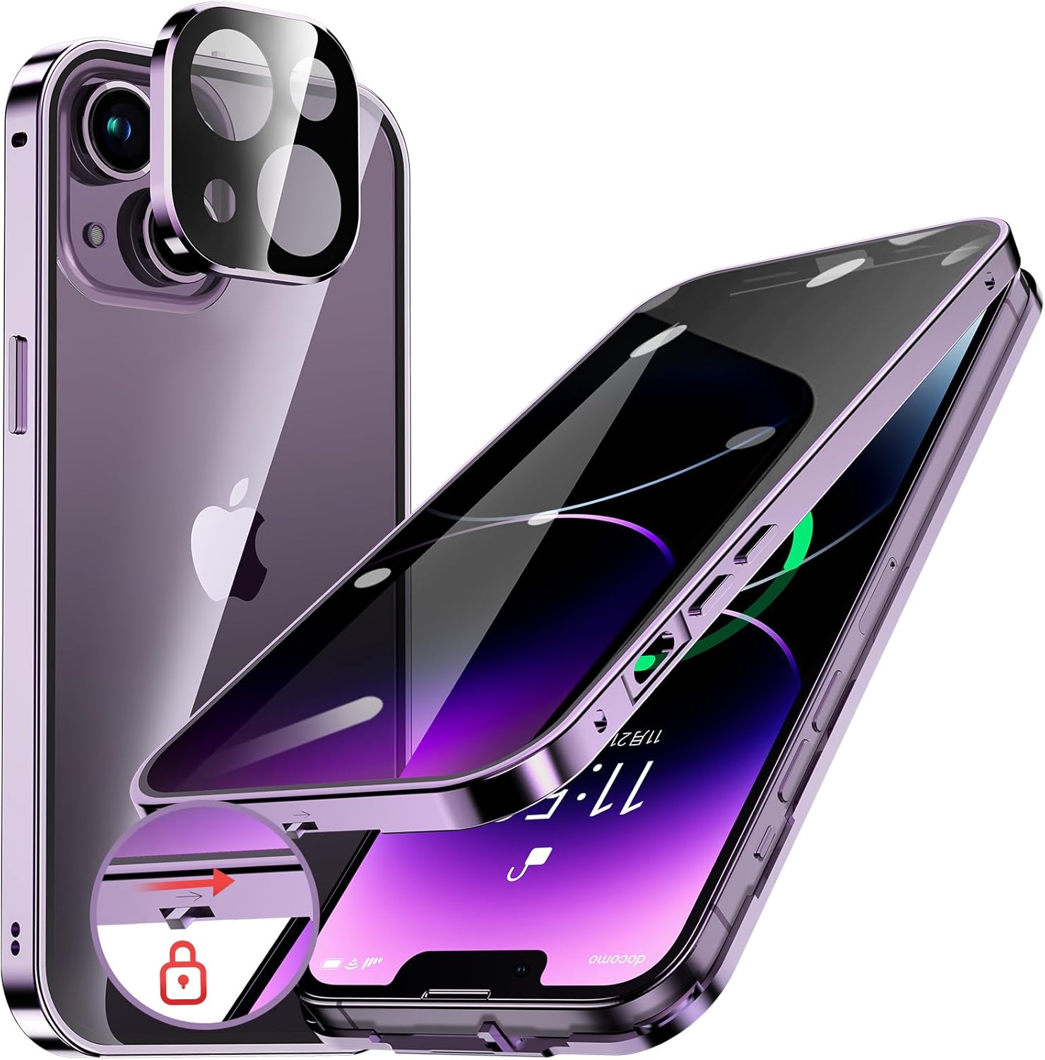 iPhone14用 自動ポップアップボタン搭載 ケース ディープパープル 9H強化ガラス 耐衝撃 薄型ワイヤレス充電対応