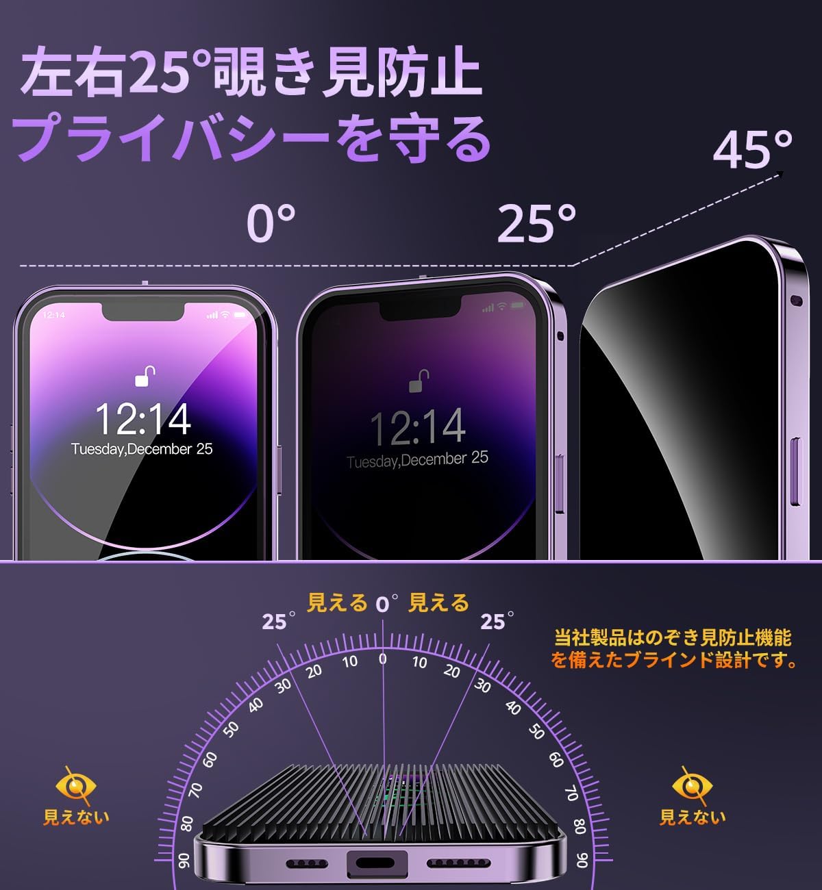 iPhone14用 自動ポップアップボタン搭載 ケース ディープパープル 9H強化ガラス 耐衝撃 薄型ワイヤレス充電対応