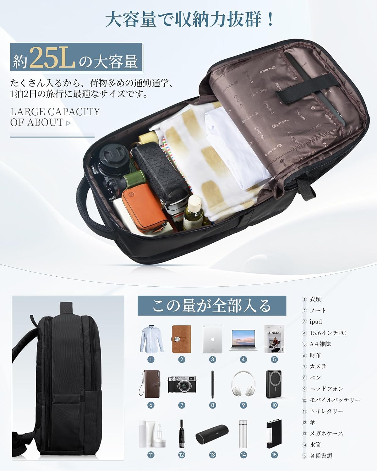 ビジネスリュック メンズ 大容量 防水 軽量 15.6インチPC収納 通勤・就活用