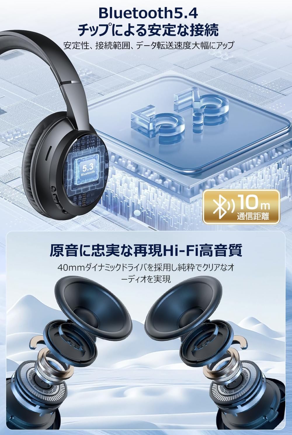 Bluetooth5.4対応ワイヤレスヘッドホン ブラック 最大35時間再生・マイク付き・3EQモード・軽量折りたたみ式