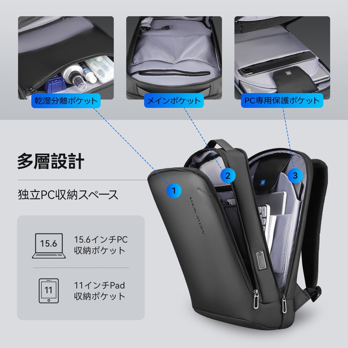 ビジネスリュック メンズ 防水 薄型 ハードシェル 15.6インチPC収納 USB充電ポート 軽量