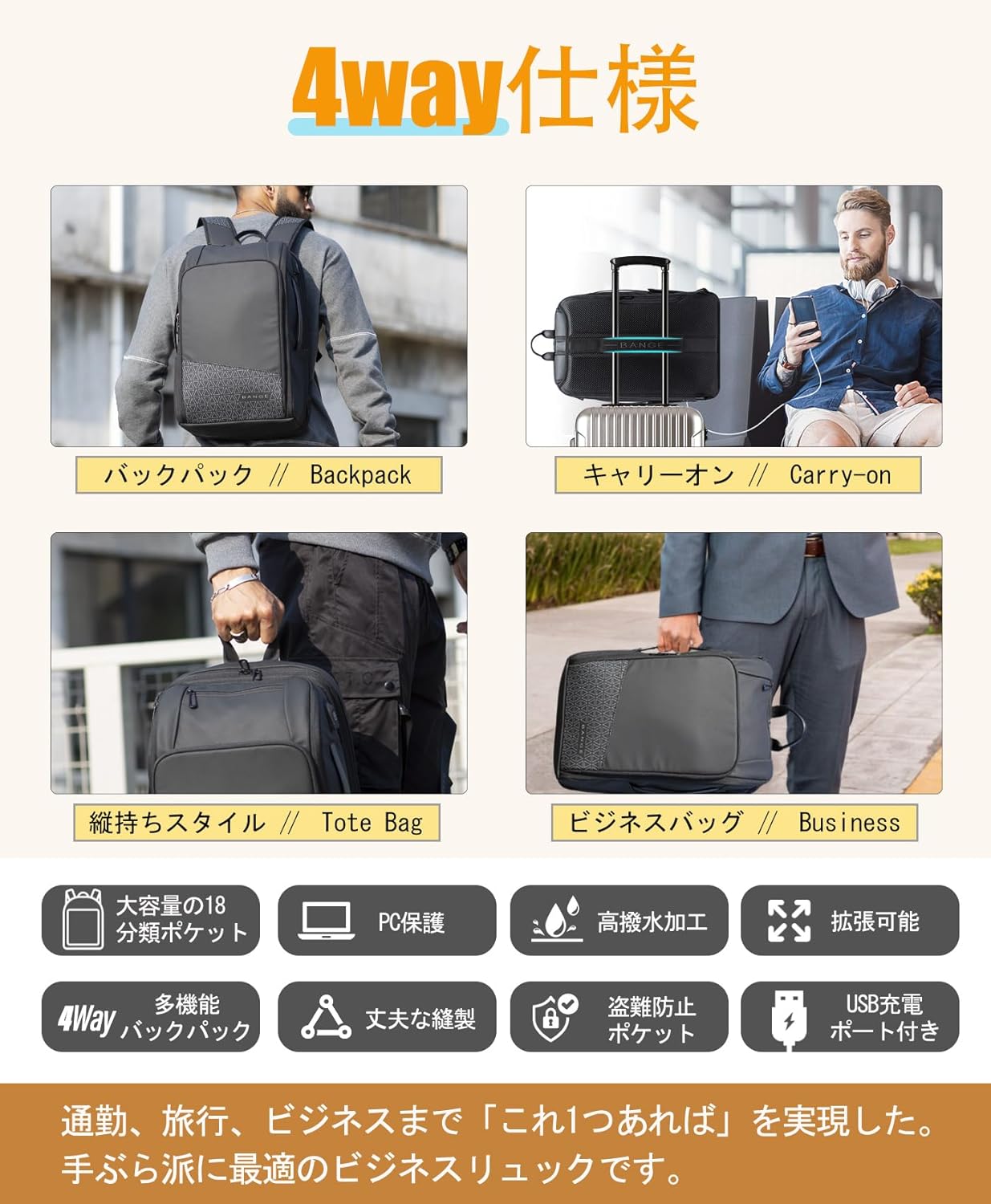 ビジネスリュック メンズ 大容量 防水 15.6インチ PC対応通勤バックパック