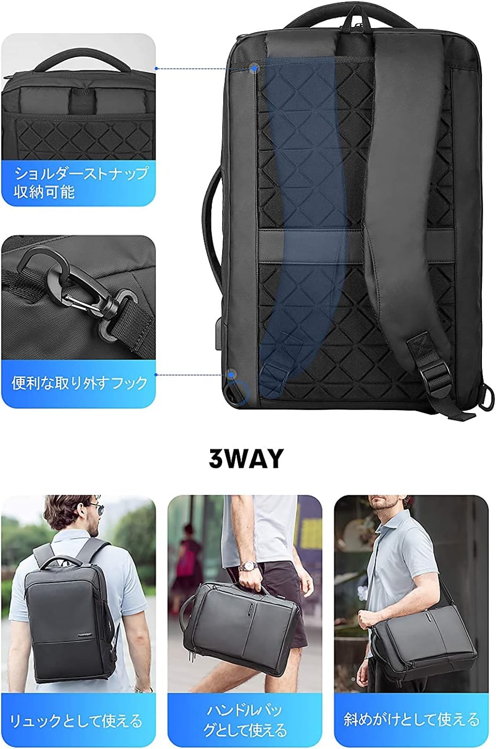 ビジネスリュック メンズ 3WAY 薄型 USBポート付き 15.6インチ対応 撥水防水ポケット 通勤通学用 ブラック
