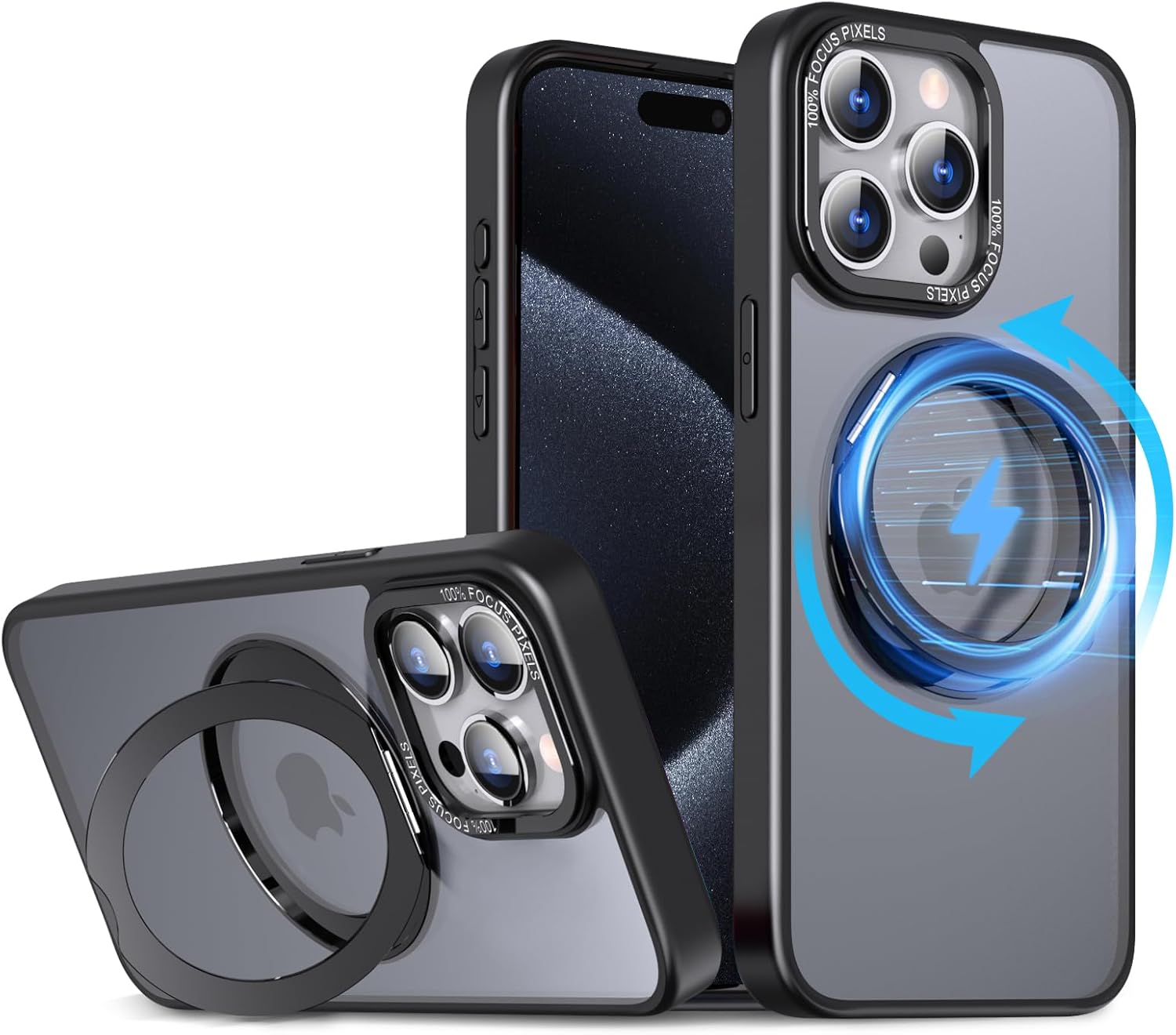 iPhone 15 Pro用耐衝撃マグネットケース 360°回転スタンド ブラック