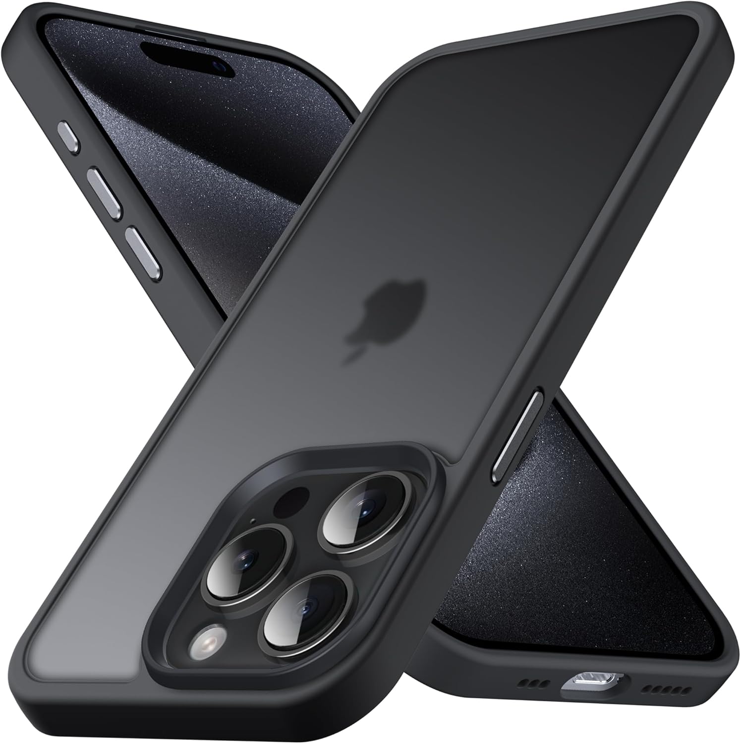 iPhone 15 Pro用 半透明耐衝撃マットケース ブラック - 指紋防止・滑り止め・ストラップホール付き