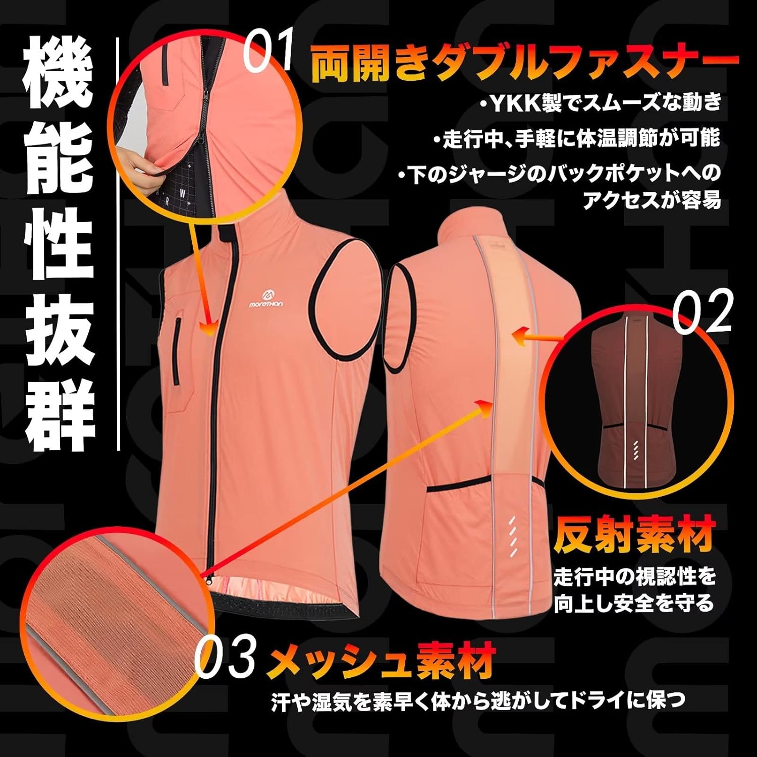 ウインドブレーカー メンズ・レディース用 サイクルベスト 軽量・速乾・反射材付き 秋冬用 WVP-027