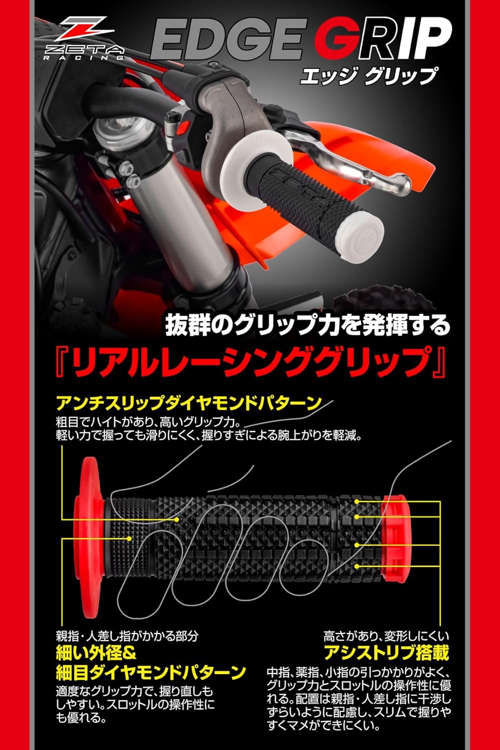 オフロードレース用 ハーフワッフルエッジグリップ グレー/ブラック Φ22.2mmハンドル径 左右セット