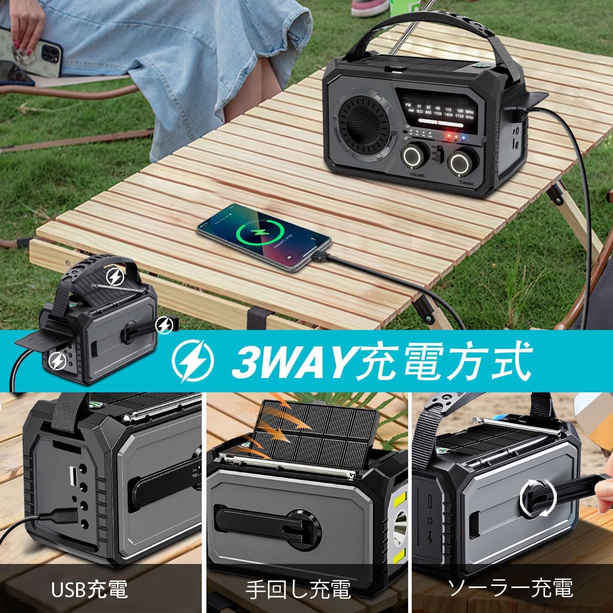 防災用16000mAh充電式ソーラーラジオ多機能型 - 災害時対応、Bluetooth5.3、ライト付き、USB快速充電