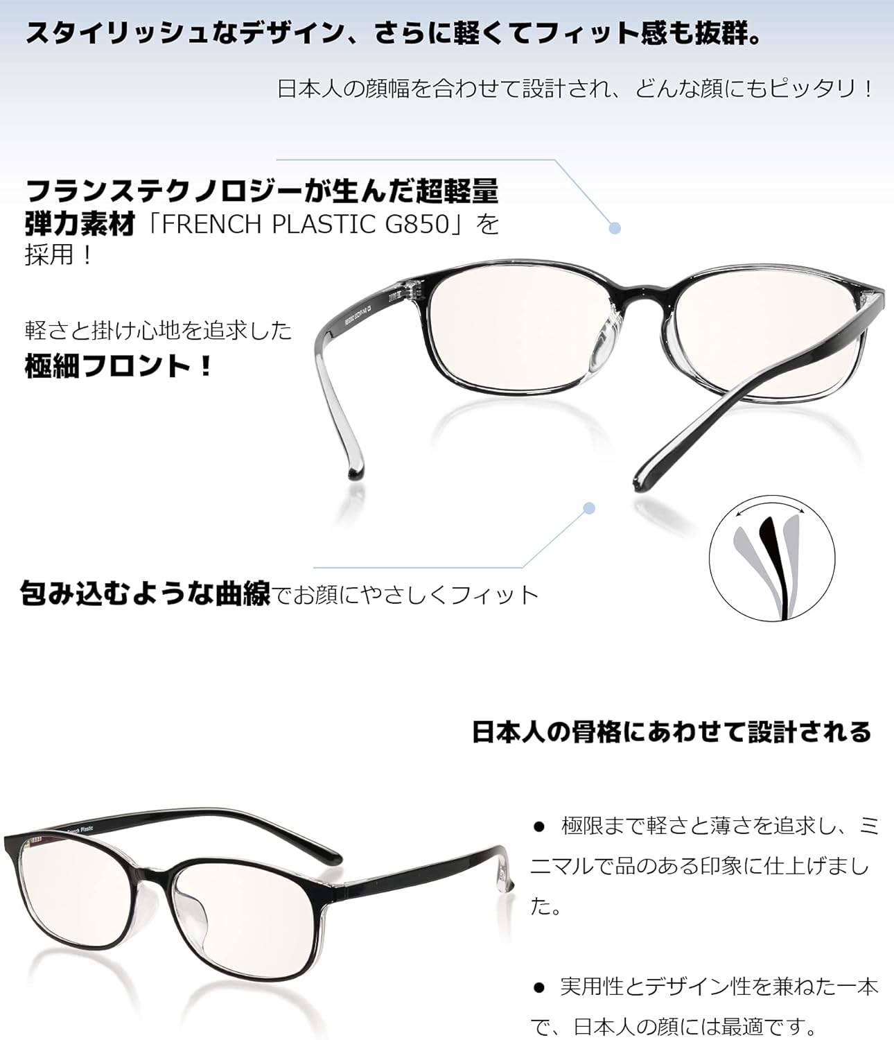 ブルーライトカット超軽量メガネ ウェリントン型 メンズ・レディース対応 12g