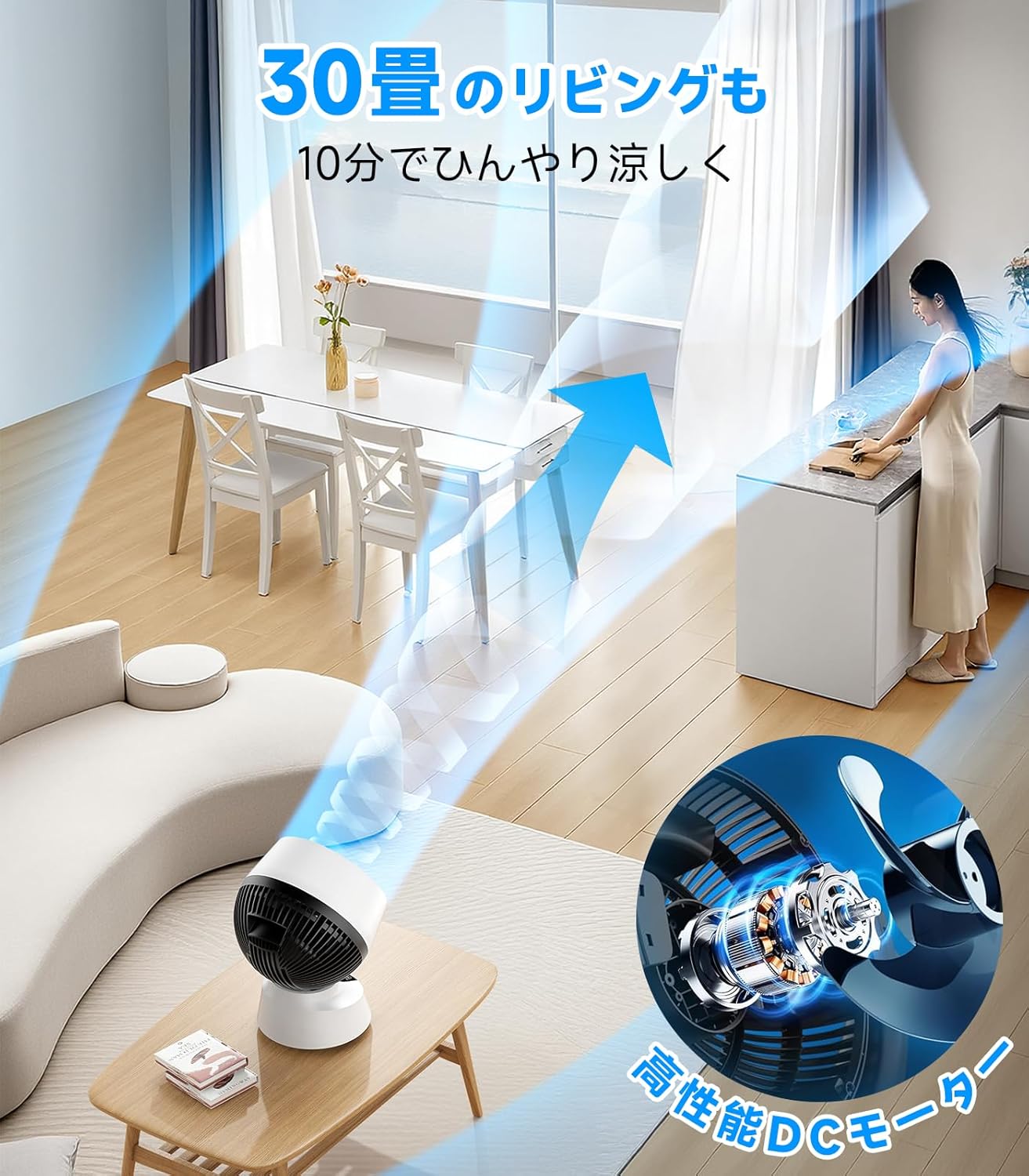 静音DCモーターサーキュレーター 360度首振り 30畳対応 リモコン・タイマー機能付き