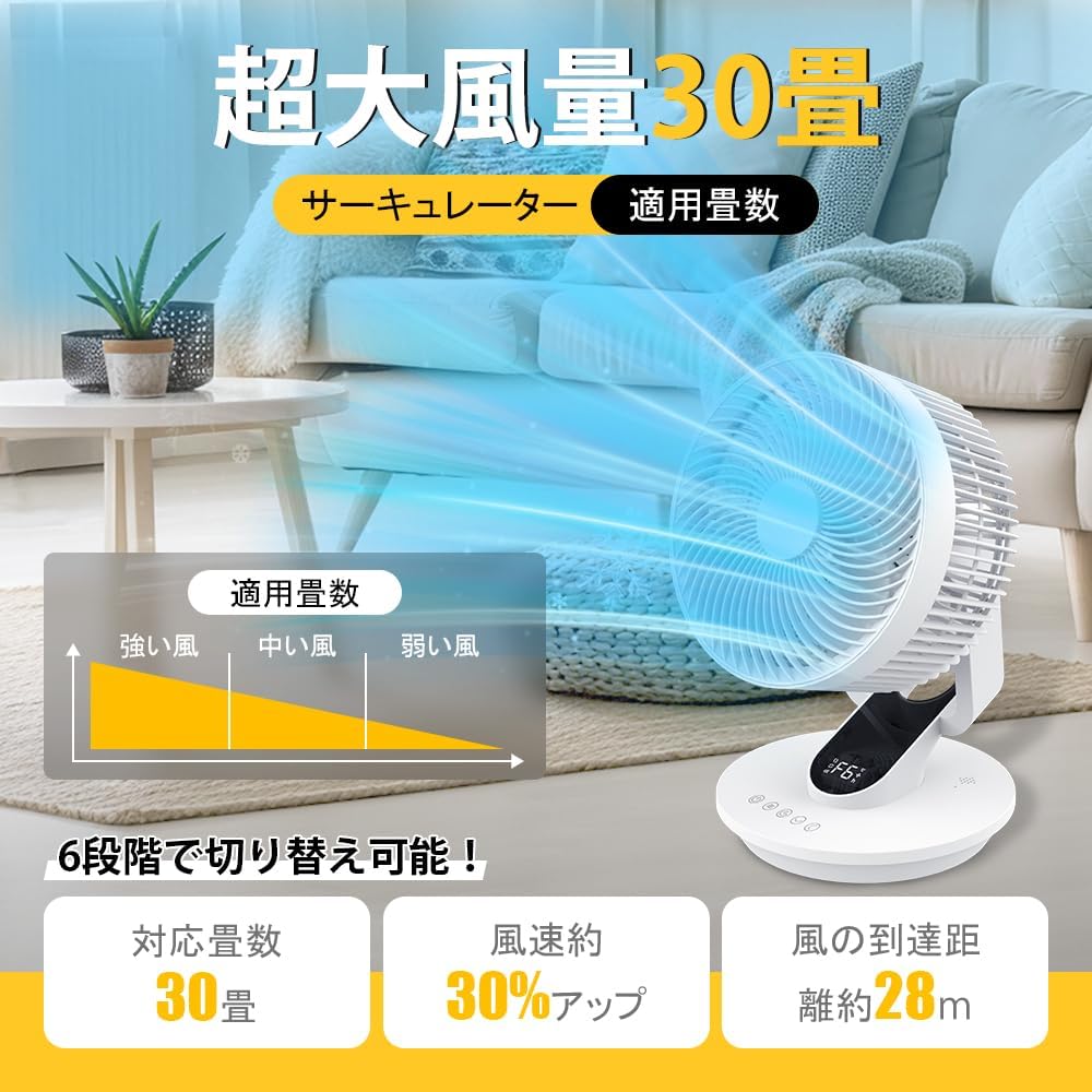 猛暑対策 サーキュレーター 極静音 DCモーター搭載 360度首振り リモコン付 省エネ 30畳用