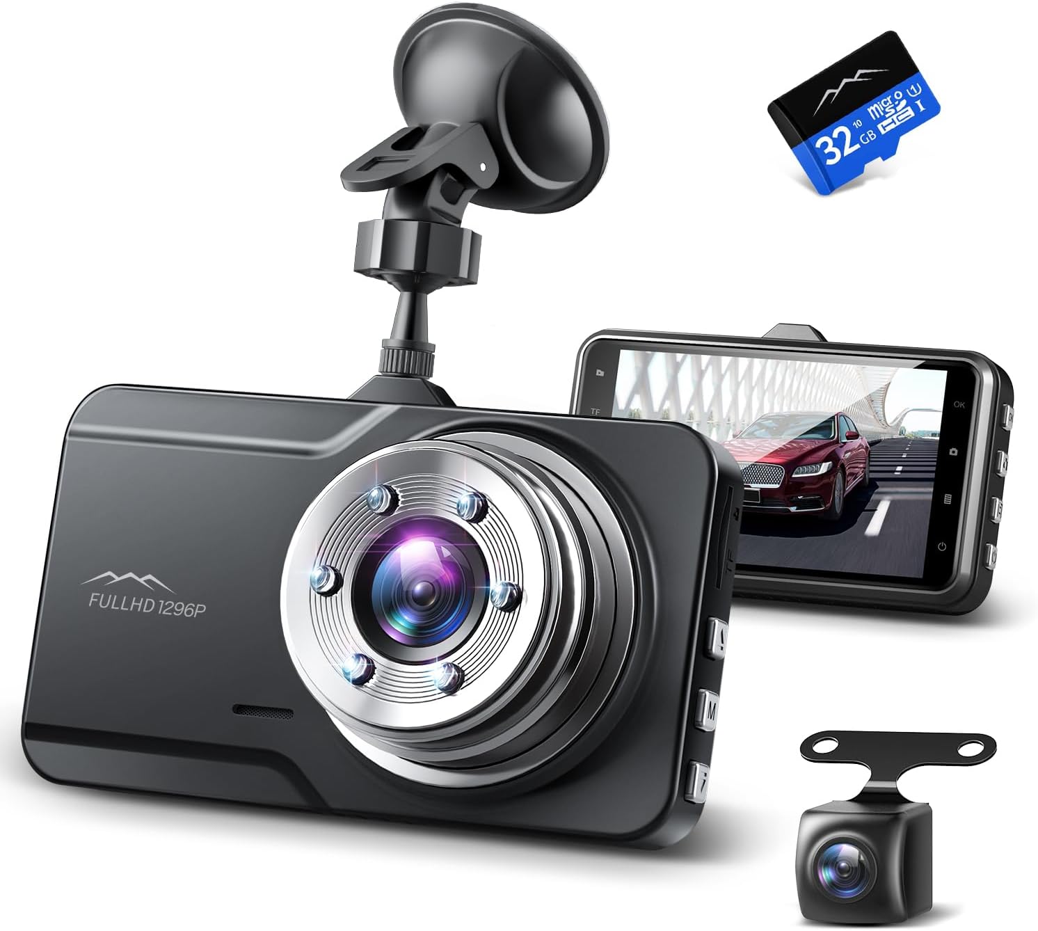 前後カメラ搭載 300万画素 ドライブレコーダー フルHD 1296P 小型 駐車監視・動体検知機能付き 32GBカード & 日本語説明書同梱