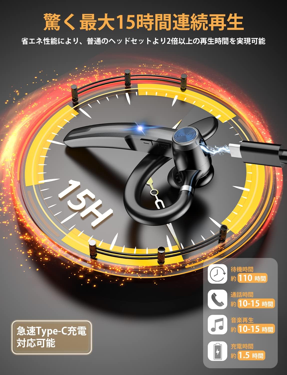 Bluetooth5.3対応 マイク付き片耳イヤホン 最大15時間再生 ハンズフリー通話 CVC8.0 運転・テレワーク対応